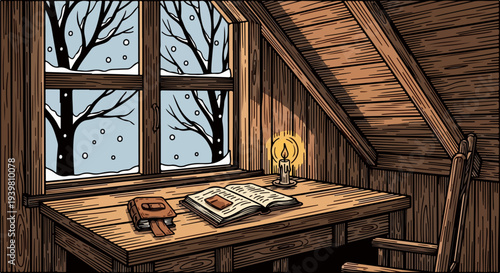Attic writing desk with open book candle and chair by snowy window illustration