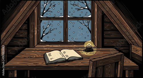Wooden desk with open book and candle in attic window scene illustration