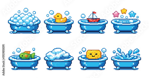 Blue bathtubs with toys and foam on dark gradient background