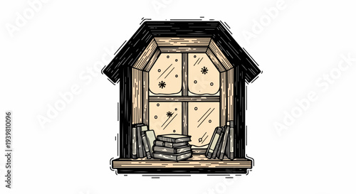 House shaped window shelf with stacked books line art illustration