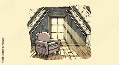 Attic armchair with open book and sunlight from rear window