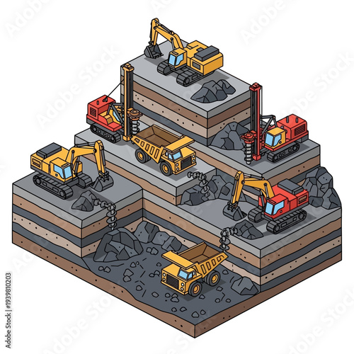 Isometric illustration of construction site with heavy machinery.