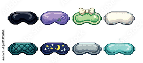 Assorted sleep masks arranged in two rows on neutral background