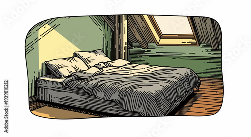 Attic bedroom with unmade bed under skylight window