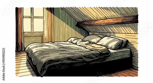 Attic bedroom with low bed and diagonal sunlight from side window