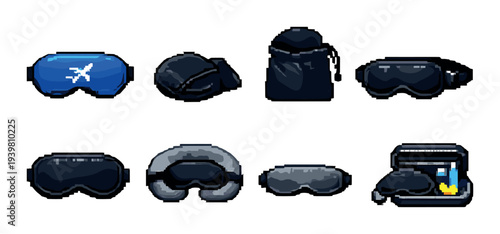 Travel and sleep masks with pouch and accessories on gray background