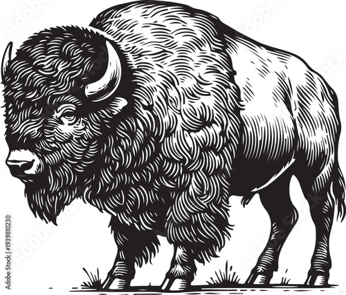buffalo, showcasing its textured fur, strong build, and iconic horns in striking detail sketch engraving generative ai vector illustration. Scratch board imitation. Black and white