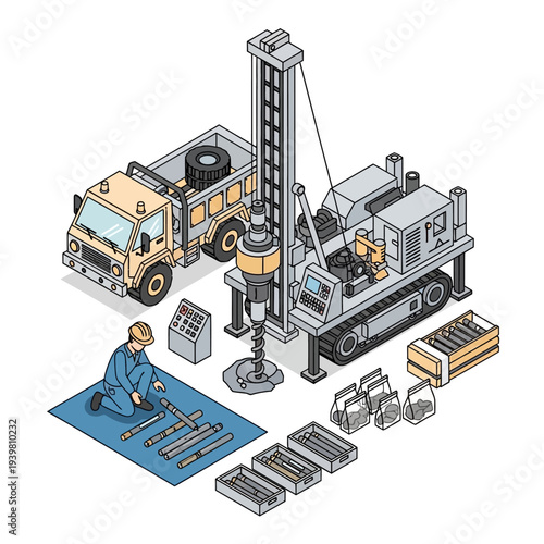 Isometric illustration of drilling equipment and worker.
