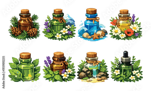 Herbal and elemental potion bottles displayed with natural elements