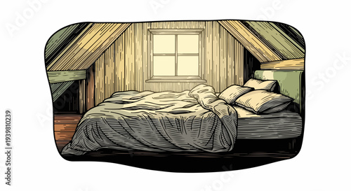 Attic bedroom with centered window and rumpled bed