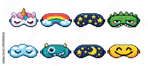 Novelty sleep masks with character designs arranged on gray background