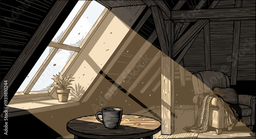 Attic corner with skylight sunbeam coffee mug table plant and armchair