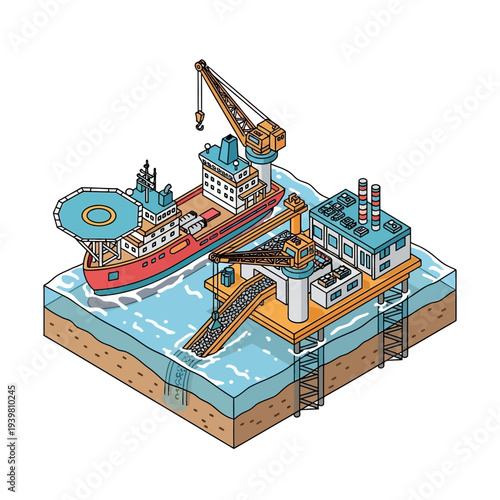 Isometric illustration of an offshore oil rig platform with a supply ship.