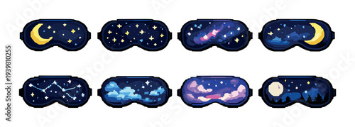 Sleep masks with night sky designs arranged on gray background