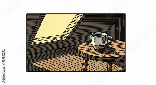 Attic skylight with coffee cup on round wooden table illustration