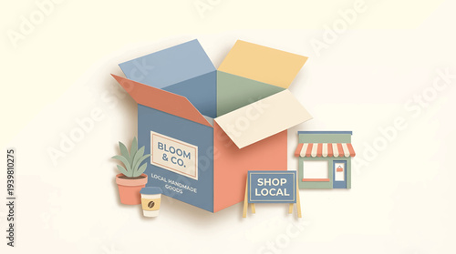 Open box with local goods, shop, and 'Shop Local' sign. Supporting small businesses and sustainable community commerce
