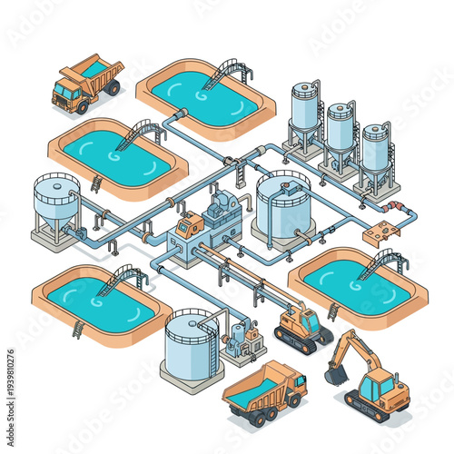 Industrial water treatment plant with tanks and machinery.