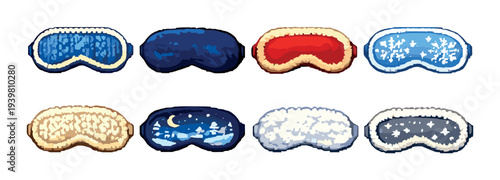 Fuzzy and fleece sleep masks displayed in rows on gray backdrop
