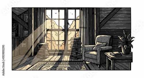 Attic reading area with armchair books and large window illustration