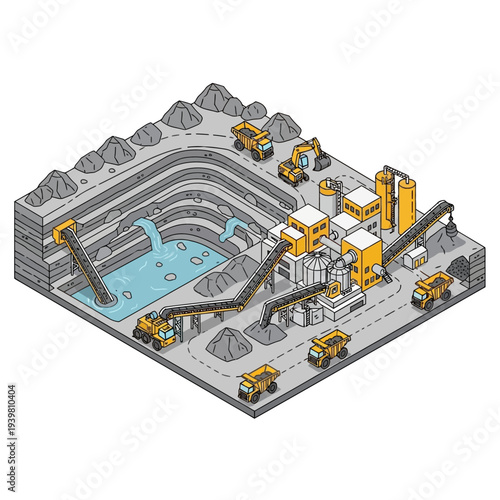 Quarry Mining Operation with Heavy Machinery and Extraction Process.