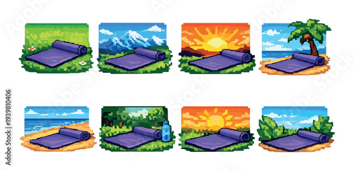 Purple yoga mat placed in varied outdoor scenery tiles