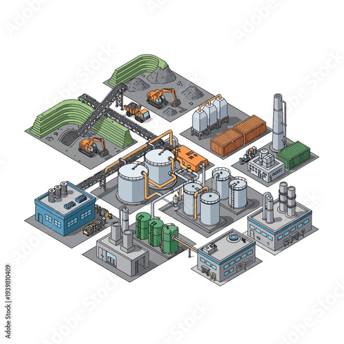 Industrial facility with various processing units and equipment.