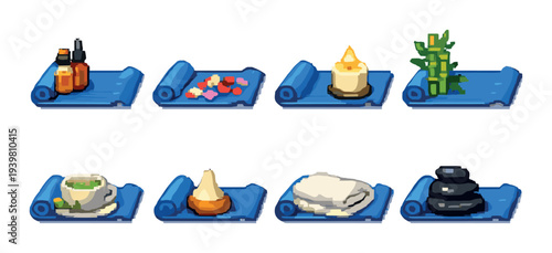 Yoga mats with spa items and accessories on gray background