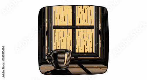Coffee mug on window sill with sunlight and wood grain line art illustration