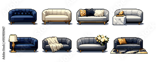Tufted sofas displayed with throws and decor in interior setting