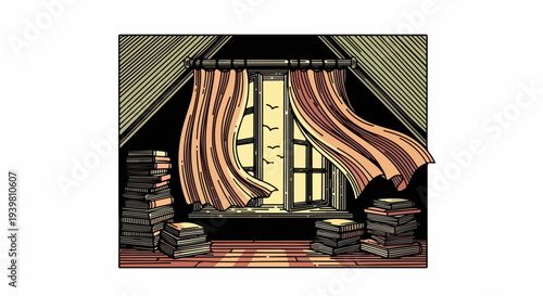 Open attic window with orange curtains and stacks of books