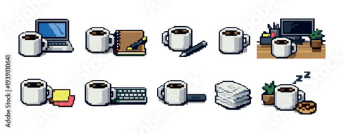 Coffee mug icons paired with office supplies on desk and workspace
