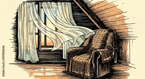 Armchair beside attic window with sheer curtain blowing inward