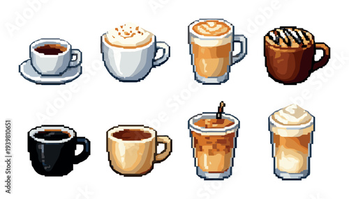 Assorted coffee cups and drinks arranged in grid on gray background