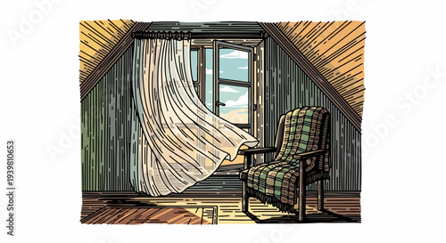 Patchwork armchair near attic window with flowing curtain