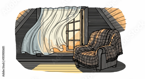 Plaid armchair and large sheer curtain in attic window alcove