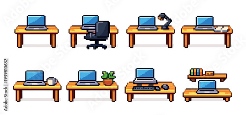 Wooden desks with laptops and accessories on gray background