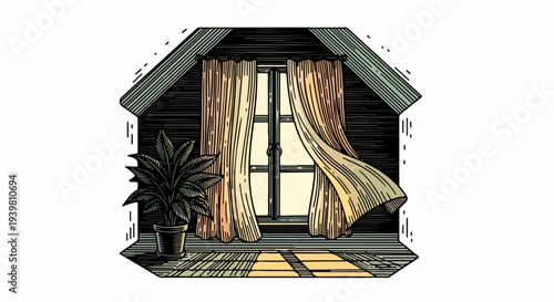 Gabled attic interior with central window, parted curtains, potted plant, and checkered floor rug
