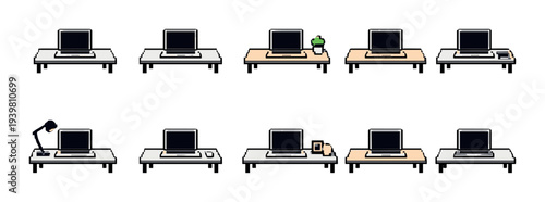 Multiple laptops arranged with desk accessories on shelves