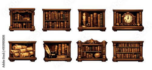 Wooden shelves with books candle quill and clock on wall