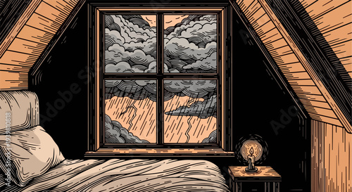 Bedroom attic with central window heavy rain clouds and candle illustration