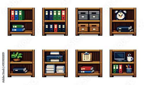 Office shelves storing binders printer and supplies on wall