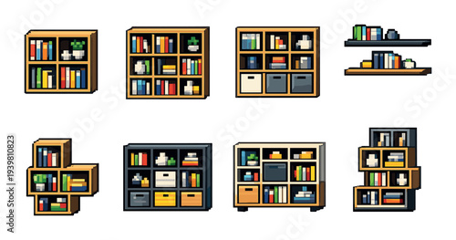 Modular shelving units filled with books and storage on wall