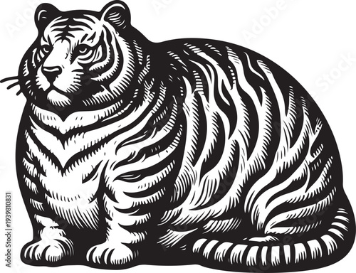 Fat chubby tiger with bold stripes and a playful demeanor, blending humor and artistic detail sketch engraving generative ai raster illustration. Scratch board imitation. Black and white