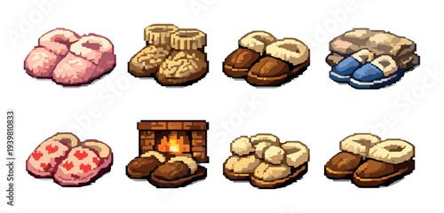 Assorted fluffy slippers displayed in grid on gradient backdrop