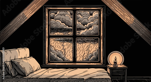 Dark attic bedroom with rain lightning window and bedside candle illustration