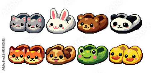 Animal face slippers displayed in two rows on gradient backdrop