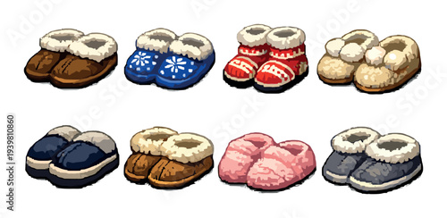 Eight pairs of cozy slippers arranged on neutral background