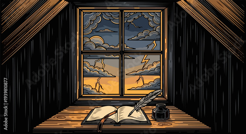 Attic window with open journal quill ink and orange storm sky illustration