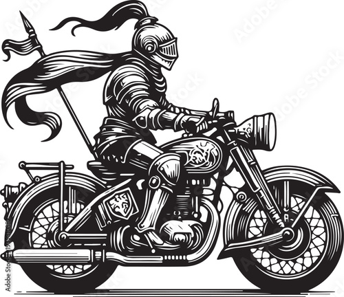 medieval knight in full armor riding a motorcycle, historical and modern themes in a retro style sketch engraving generative ai vector illustration. Scratch board imitation. Black and white
