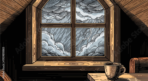 Close attic window scene with rain clouds and coffee mug illustration